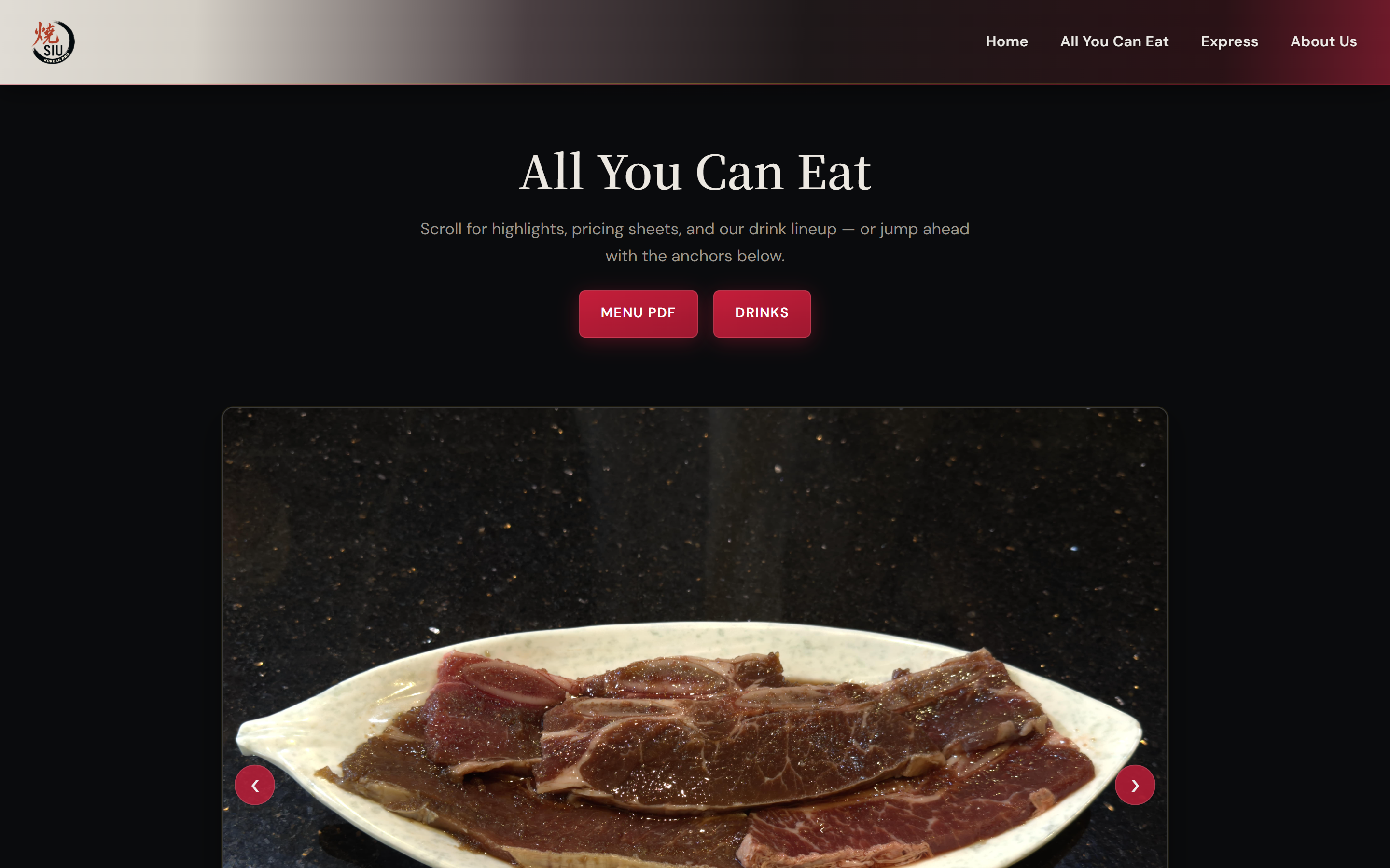 Siu all you can eat menu page