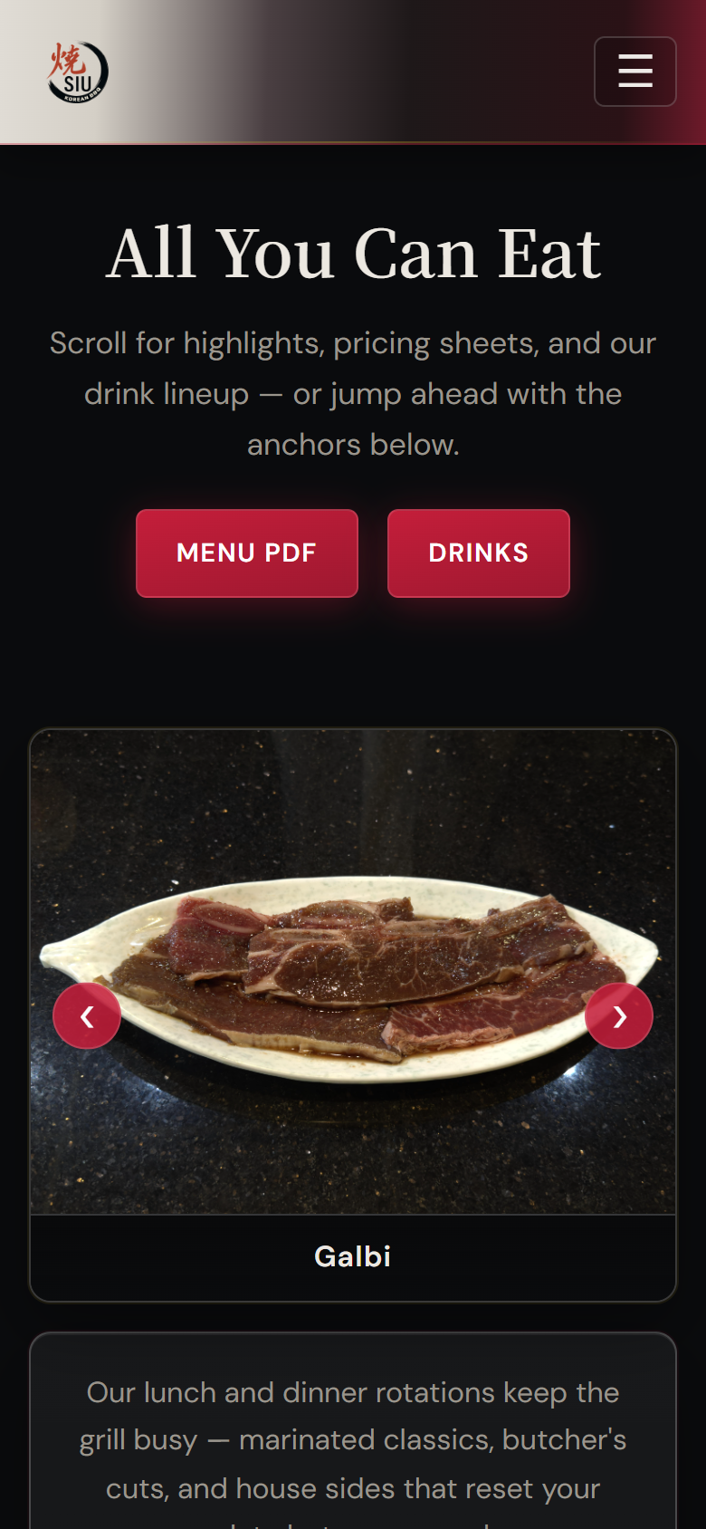 Siu all you can eat menu on mobile