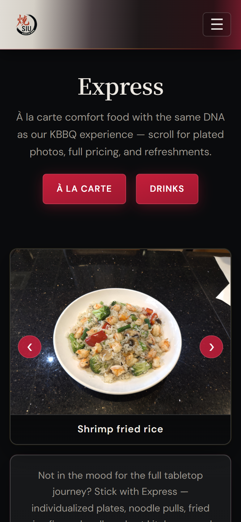 Siu express menu on mobile